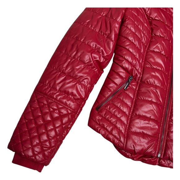 GUESS Red Designer Winter Puffer Parka Faux Fur Collar Jacket Coat Womens Small - Picture 6 of 6